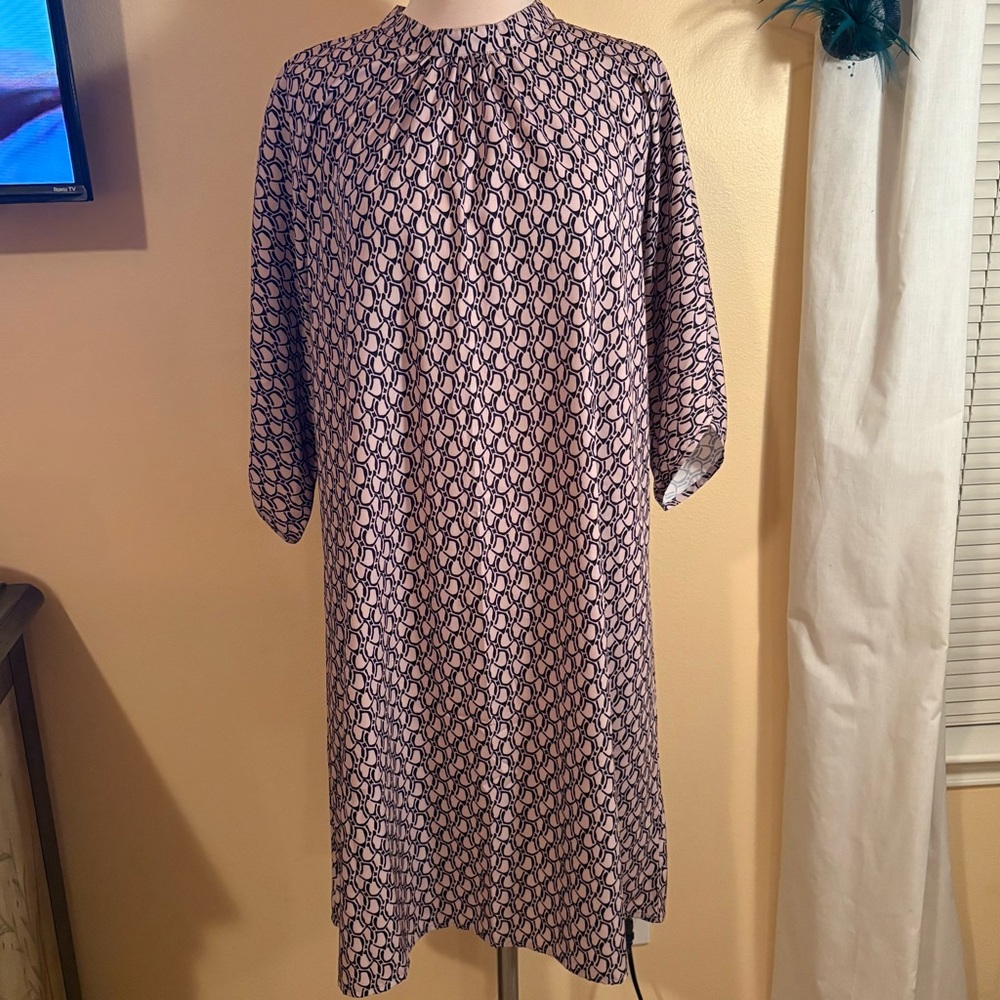 Light Pink/Nude And Black Geometric Pattern Knee-Length Dress With Short Sleeves